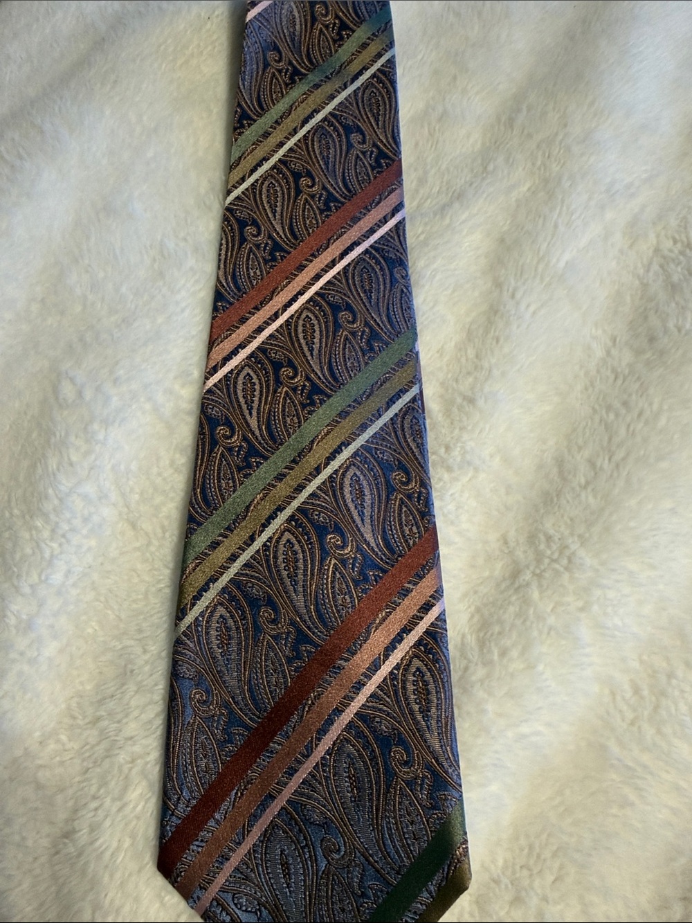Joseph Abboud Navy Paisley Tie with Brown, Green and Pink Stripes 100% Silk